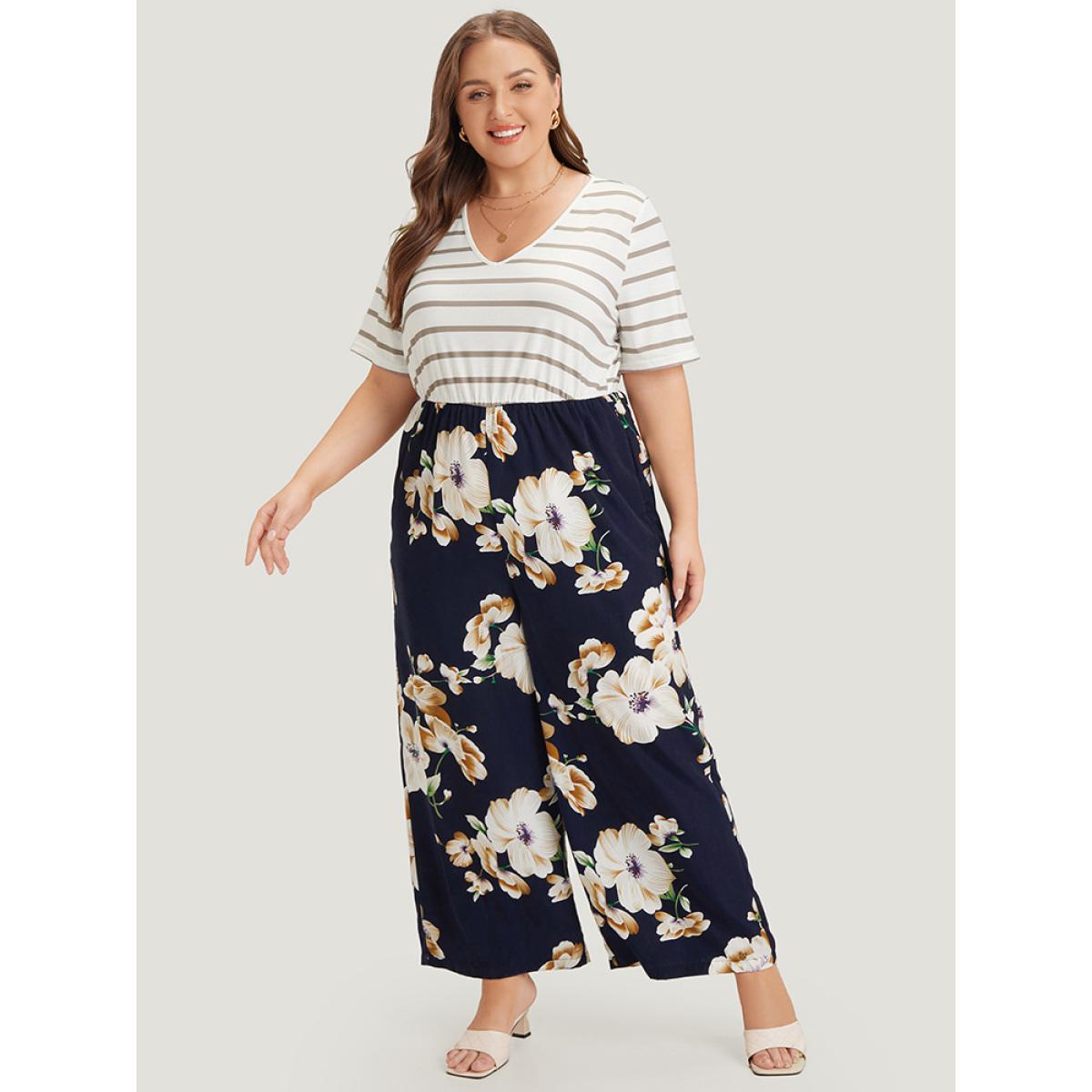 Plus Size DarkBlue Striped & Floral Patchwork Pocket Jumpsuit Women Elegant Short sleeve V-neck Dailywear Loose Jumpsuits BloomChic 28/5X Product Image