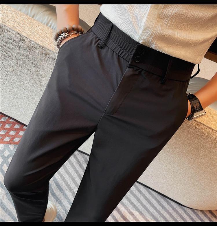 Elastic Waist Plain Cropped Straight Leg Pants Product Image
