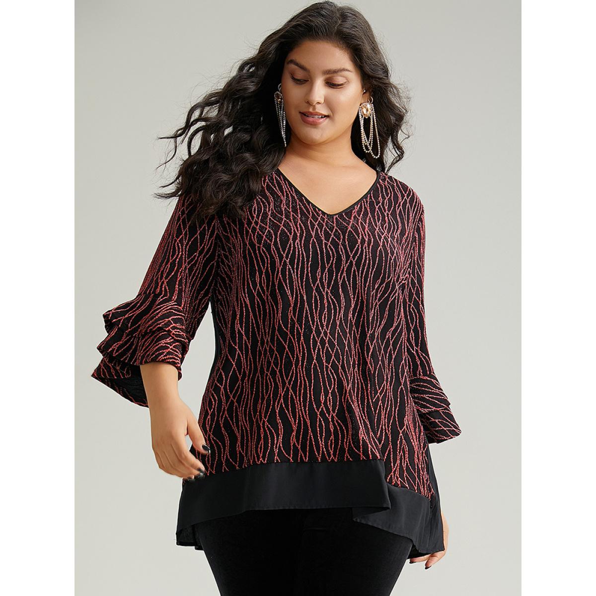 Plus Size Scarlet Lurex Layered Ruffle Sleeve Patchwork Blouse Women Glamour Elbow-length sleeve V-neck Festival-Christmas Blouses BloomChic 22-24/3X Product Image