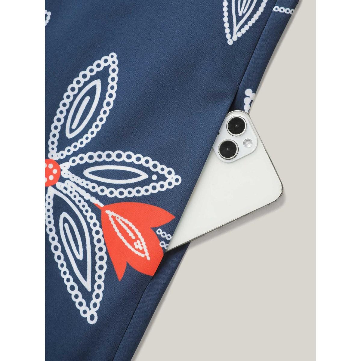 Plus Size Boho Floral Arc Neck Waist-Cinched Dress DarkBlue Women Resort Gathered V-neck Elbow-length sleeve Curvy BloomChic 30/6X Product Image