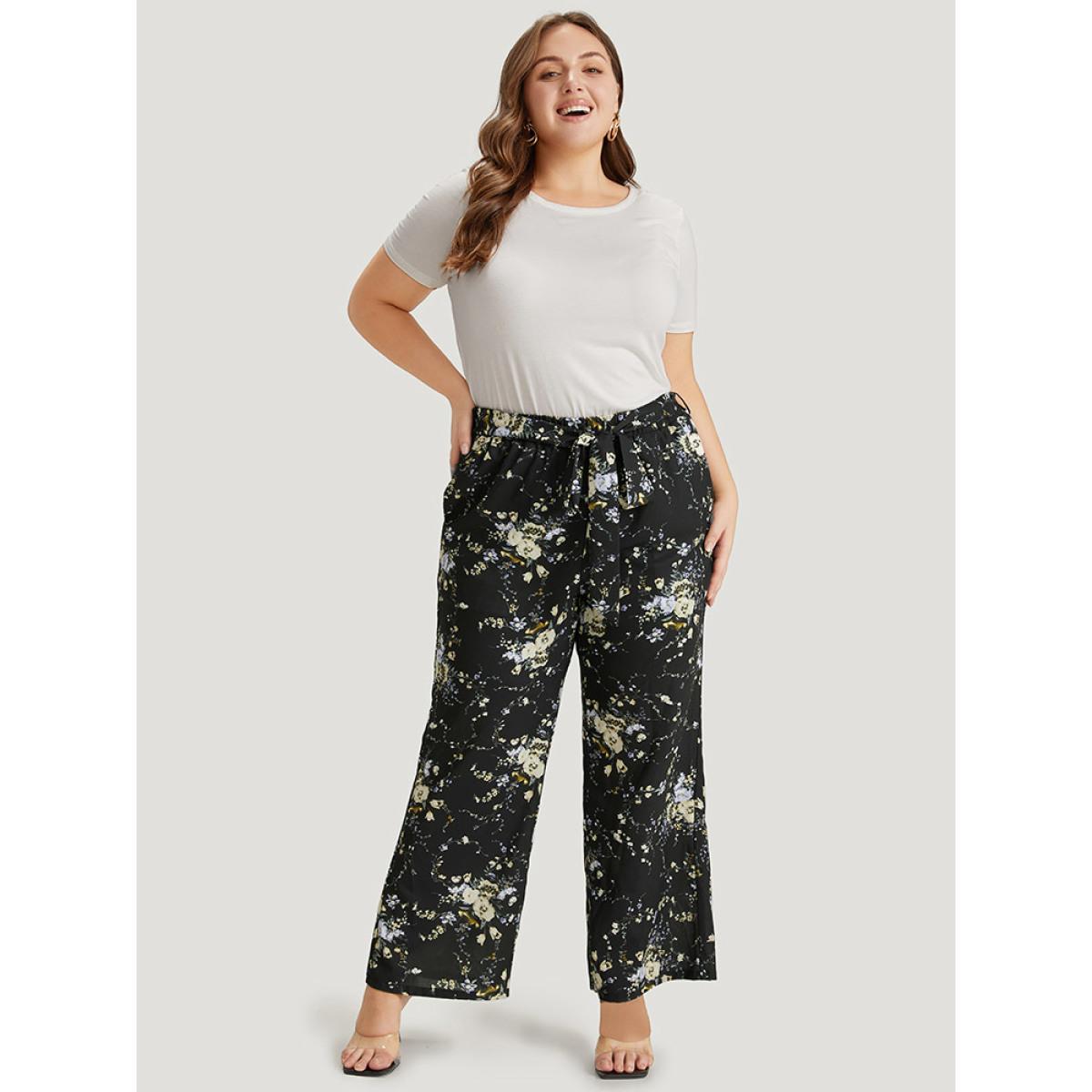 Plus Size Floral Print Pocket Belted Pants Women Multicolor Elegant High Rise Dailywear Pants BloomChic 10/M Product Image