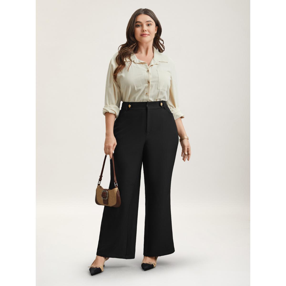 Plus Size Loop Decoration Flared Leg Pants Women Black At the Office Bootcut Mid Rise Work Pants BloomChic 10/M Product Image
