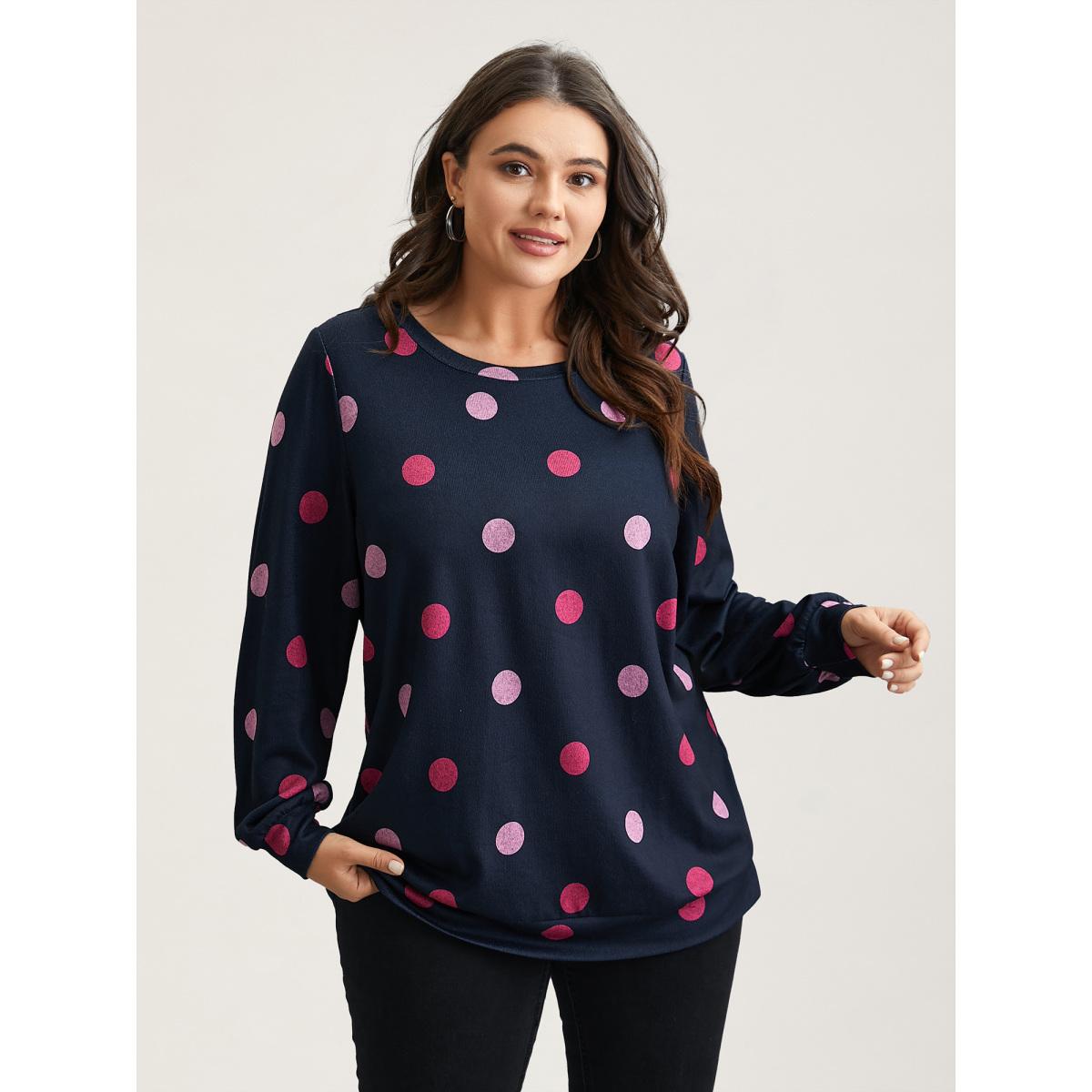 Plus Size Polka Dots Round Neck Fitted Sweatshirt Women Midnight Casual Contrast Round Neck Everyday Sweatshirts BloomChic 30/6X Product Image