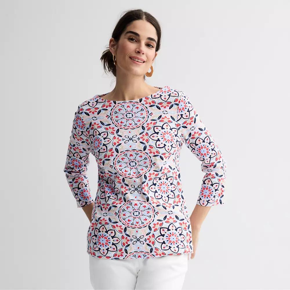 Petite Croft & Barrow® Boatneck Top, Women's, Size: Small Petite, Pink Fancy Medallion Product Image