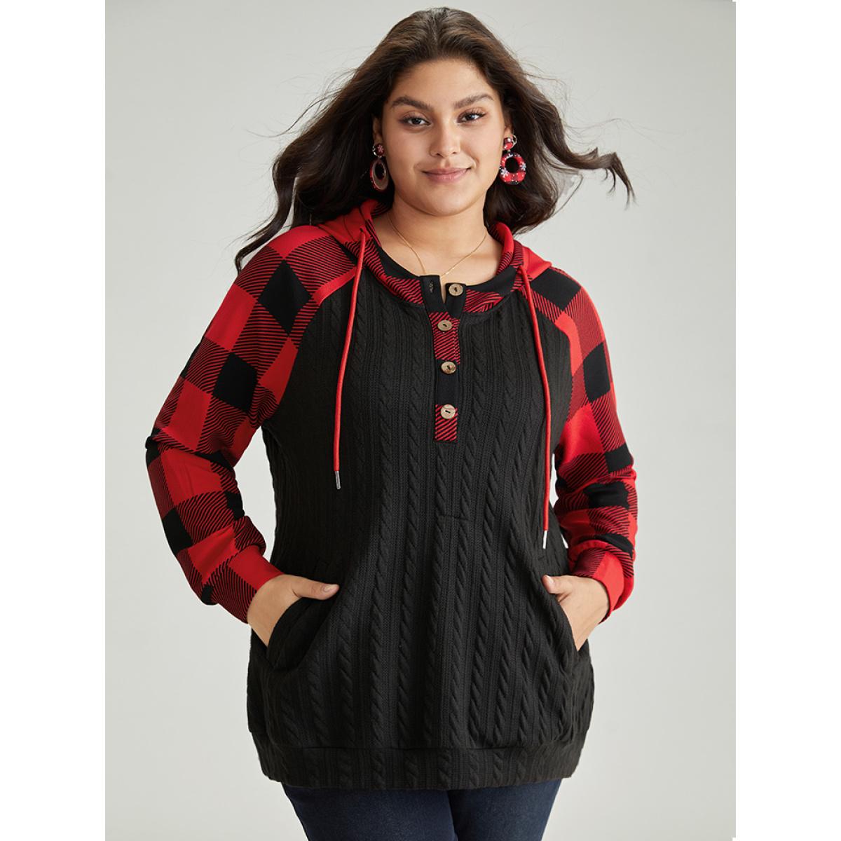 Plus Size Plaid Texture Contrast Hooded Raglan Sleeve Sweatshirt Women Black Casual Texture Hooded Festival-Christmas Sweatshirts BloomChic 30/6X Product Image