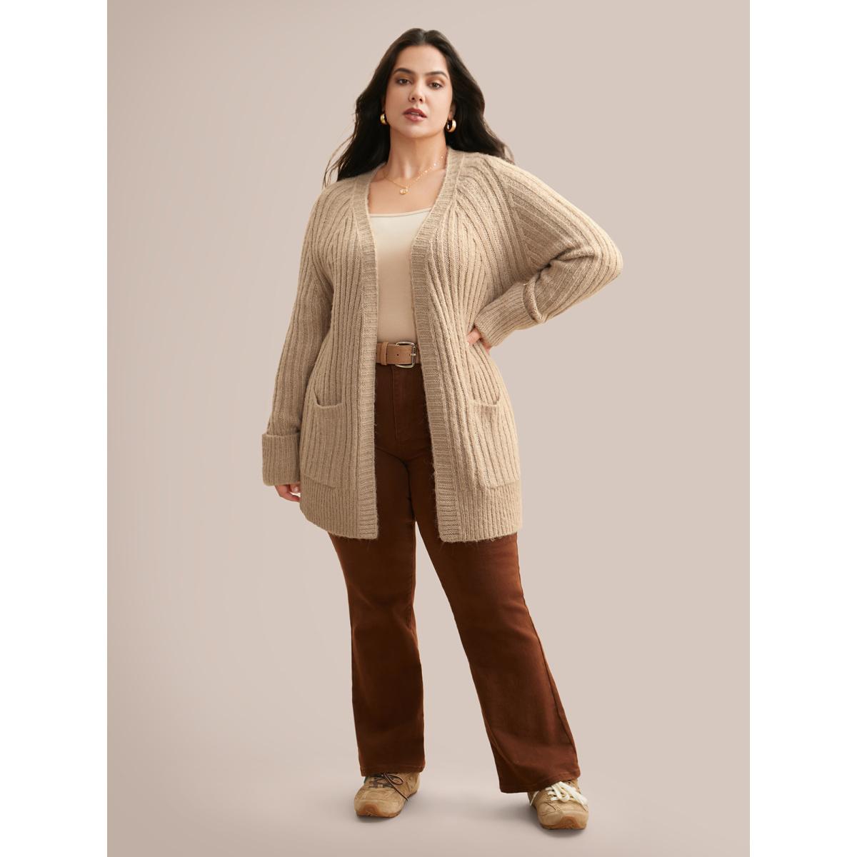 Plus Size Airy Cozy Solid Raglan Sleeve Wool Cardigan LightBrown Women Casual Loose Long Sleeve Everyday Cardigans BloomChic 30/6X Product Image