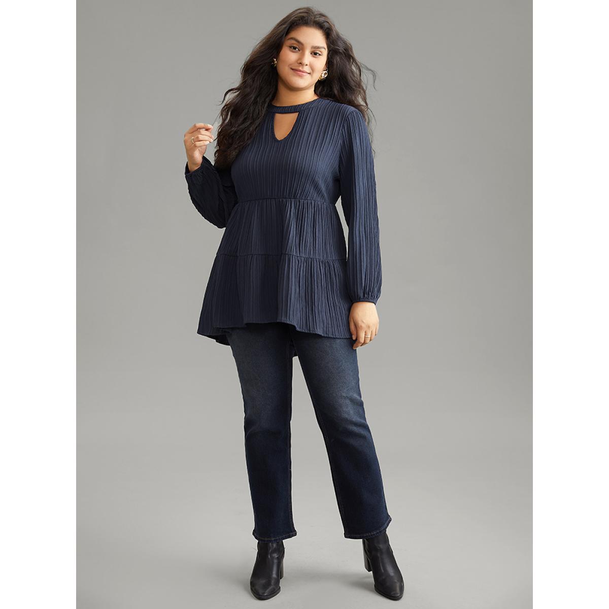Plus Size Indigo Keyhole Textured Lantern Sleeve Layered Hem Blouse Women Casual Long Sleeve Keyhole Cut-Out Dailywear Blouses BloomChic 26/4X Product Image
