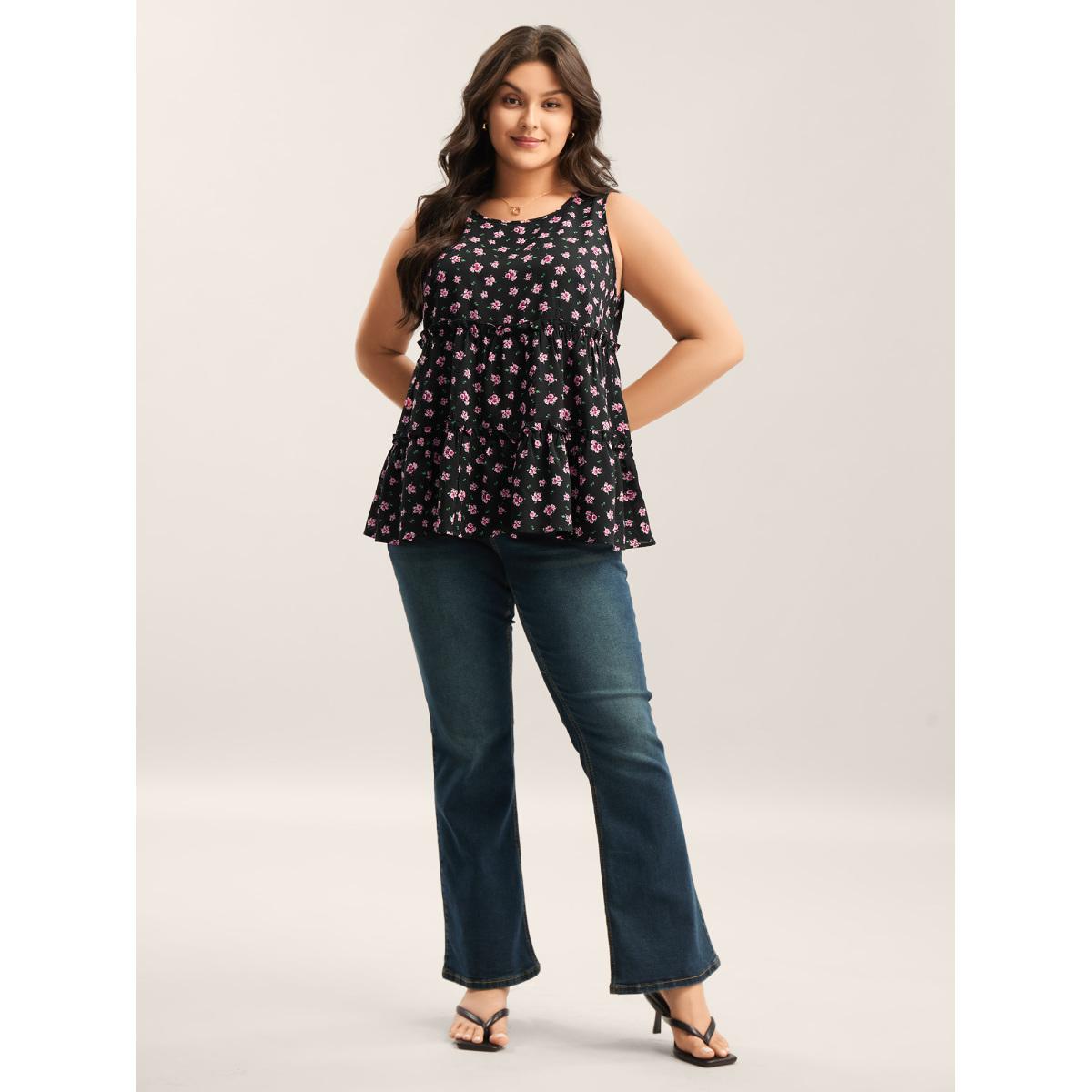 Plus Size Ditsy Floral Print Tiered Tank Top Women Black Timeless Gathered Round Neck Elegant Tank Tops Camis BloomChic 18-20/2X Product Image