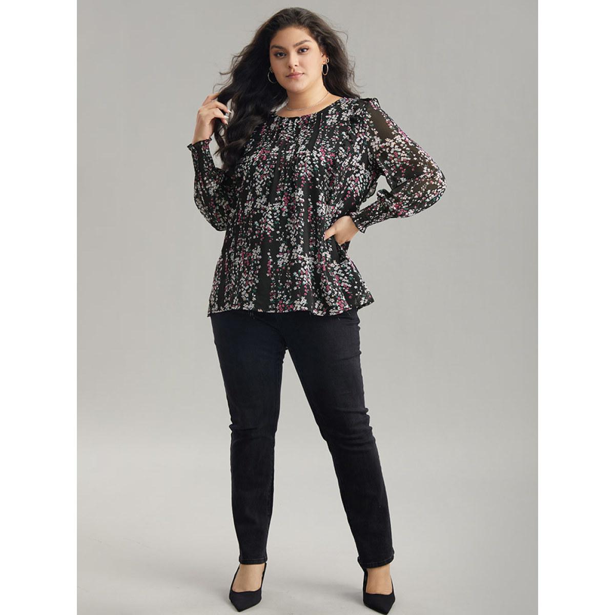 Plus Size Black Ditsy Floral Chiffon Ruffles Shirred Pleated Mesh Blouse Women Elegant Long Sleeve Round Neck Dailywear Blouses BloomChic 14-16/1X Product Image