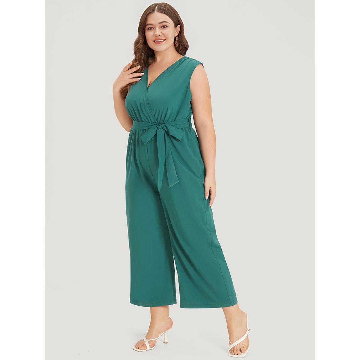 Plus Size Green Supersoft Essentials Plain Surplice Neck Belted Jumpsuit Women Elegant Sleeveless V-neck Dailywear Loose Jumpsuits BloomChic 26/4X Product Image