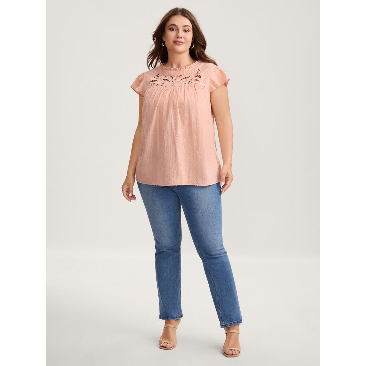 Plus Size Crepe Cotton Cut-Out Lace Ruffled Neck Blouse Women Romantic Cap Sleeve Round Neck Elegant Blouses BloomChic 14-16/1X Product Image