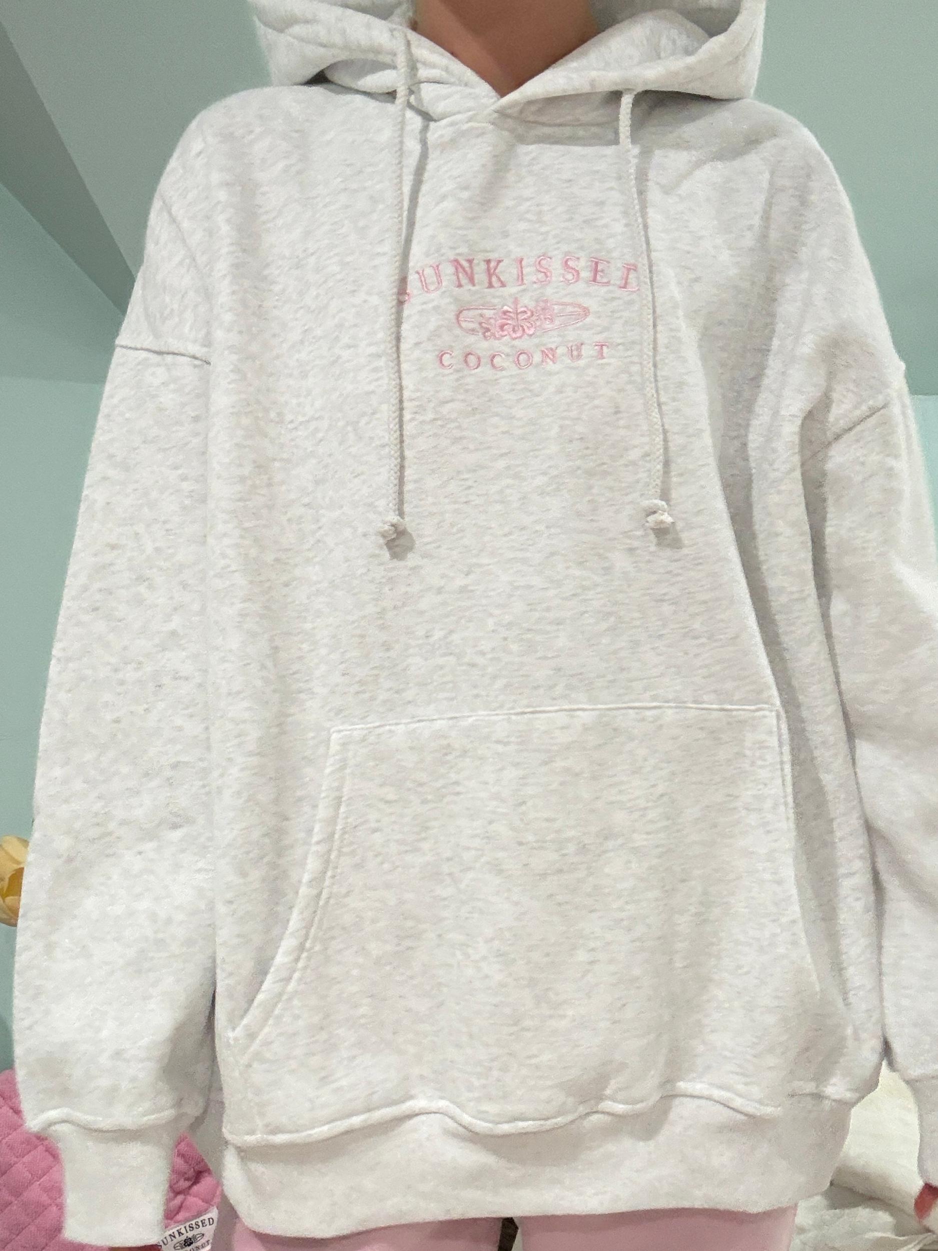 Pearl Grey and Pink Thread Sunkissedcoconut Logo Embroider Hoodie Product Image