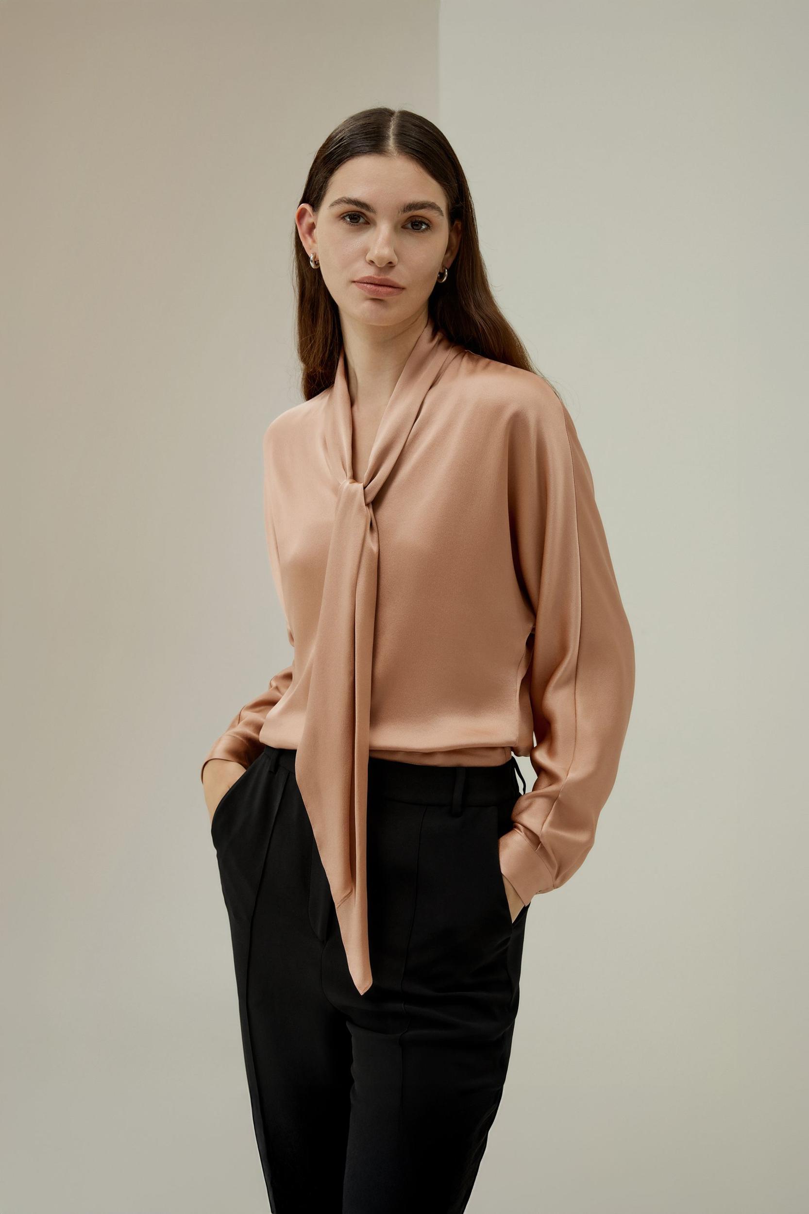 Bat Sleeve Silk Top with Adjustable Neck Tie Product Image