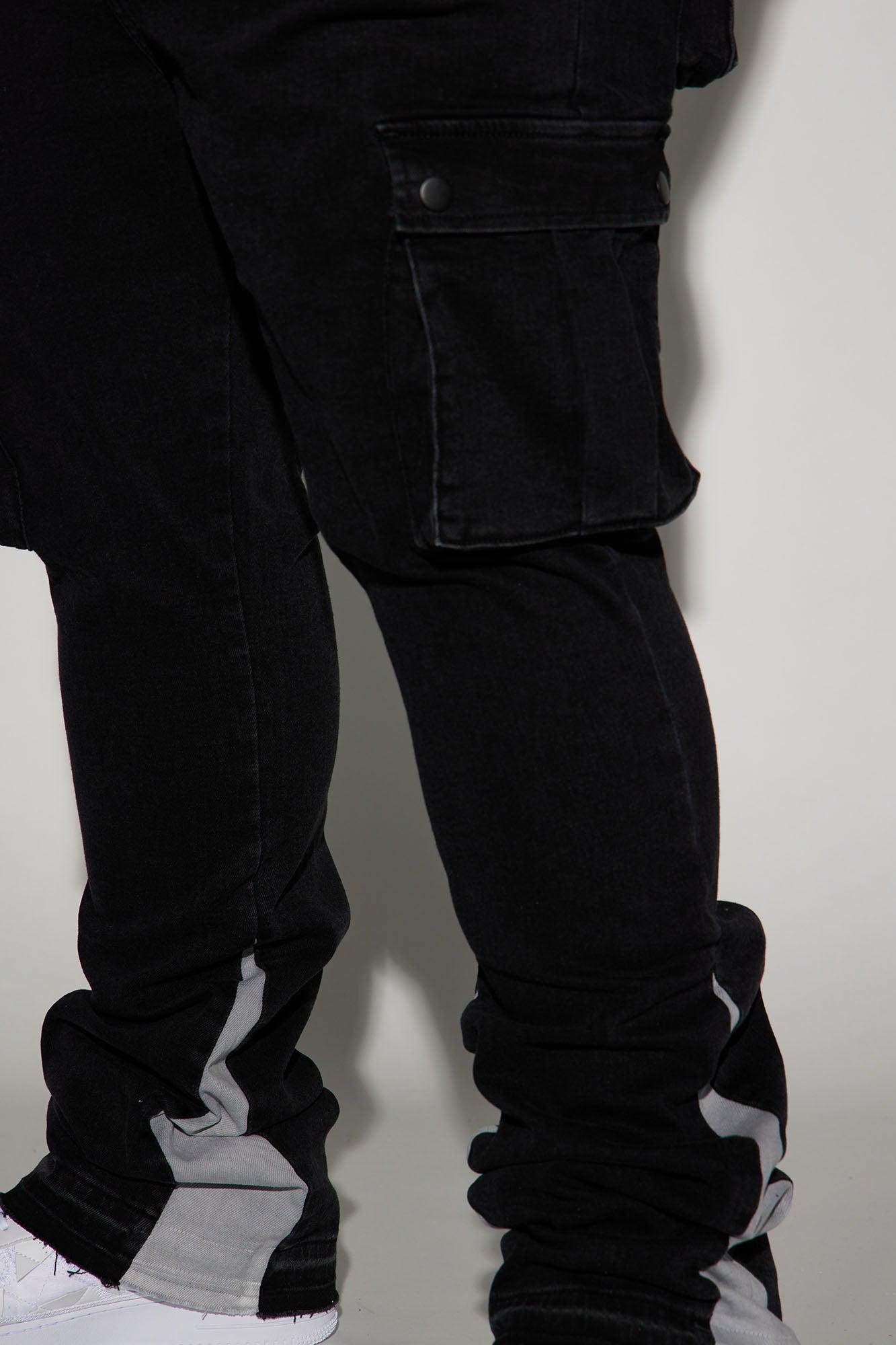 Carried Cargo Stacked Skinny Flared Jeans - Black Product Image