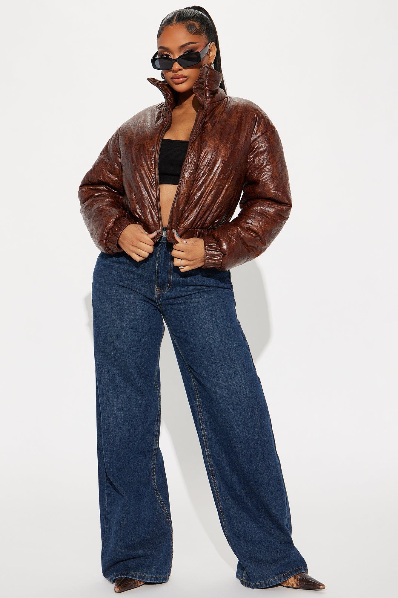 Brooke Washed Crinkled Faux Leather Bomber Jacket - Brown Product Image