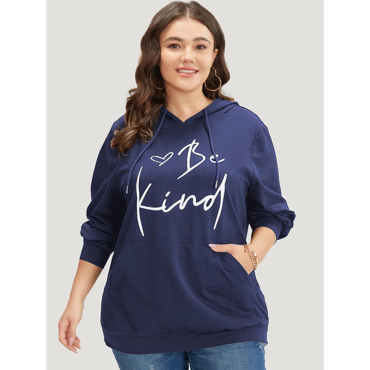 Plus Size Letter Print Pocket Drawstring Hooded Sweatshirt Women Indigo Casual Elastic cuffs Dailywear Sweatshirts BloomChic 14-16/1X Product Image