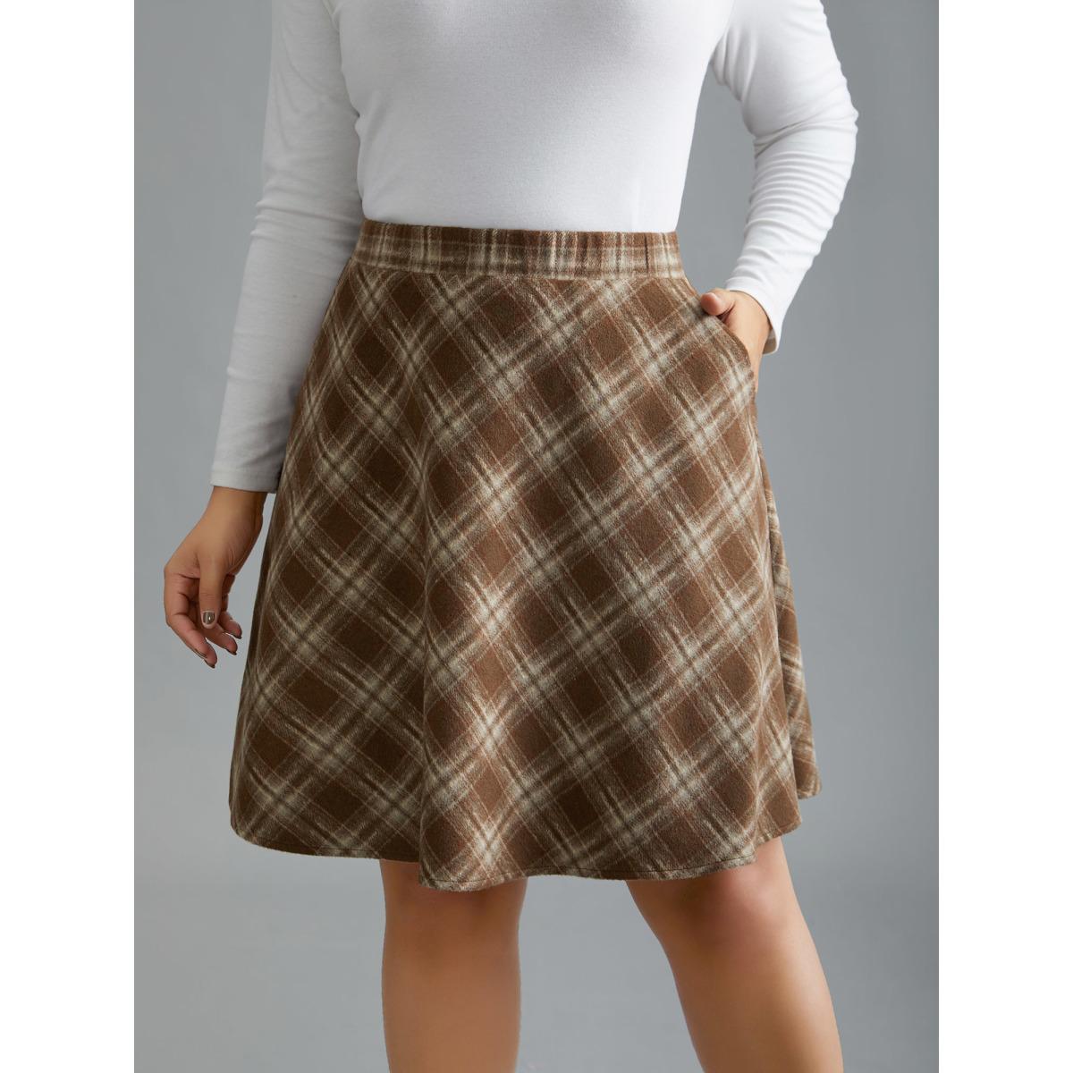Plus Size Plaid Pattern Elastic Waist A-line Mini Skirt Women LightBrown Elegant Low stretch Slanted pocket Everyday Skirts BloomChic 12/L Product Image