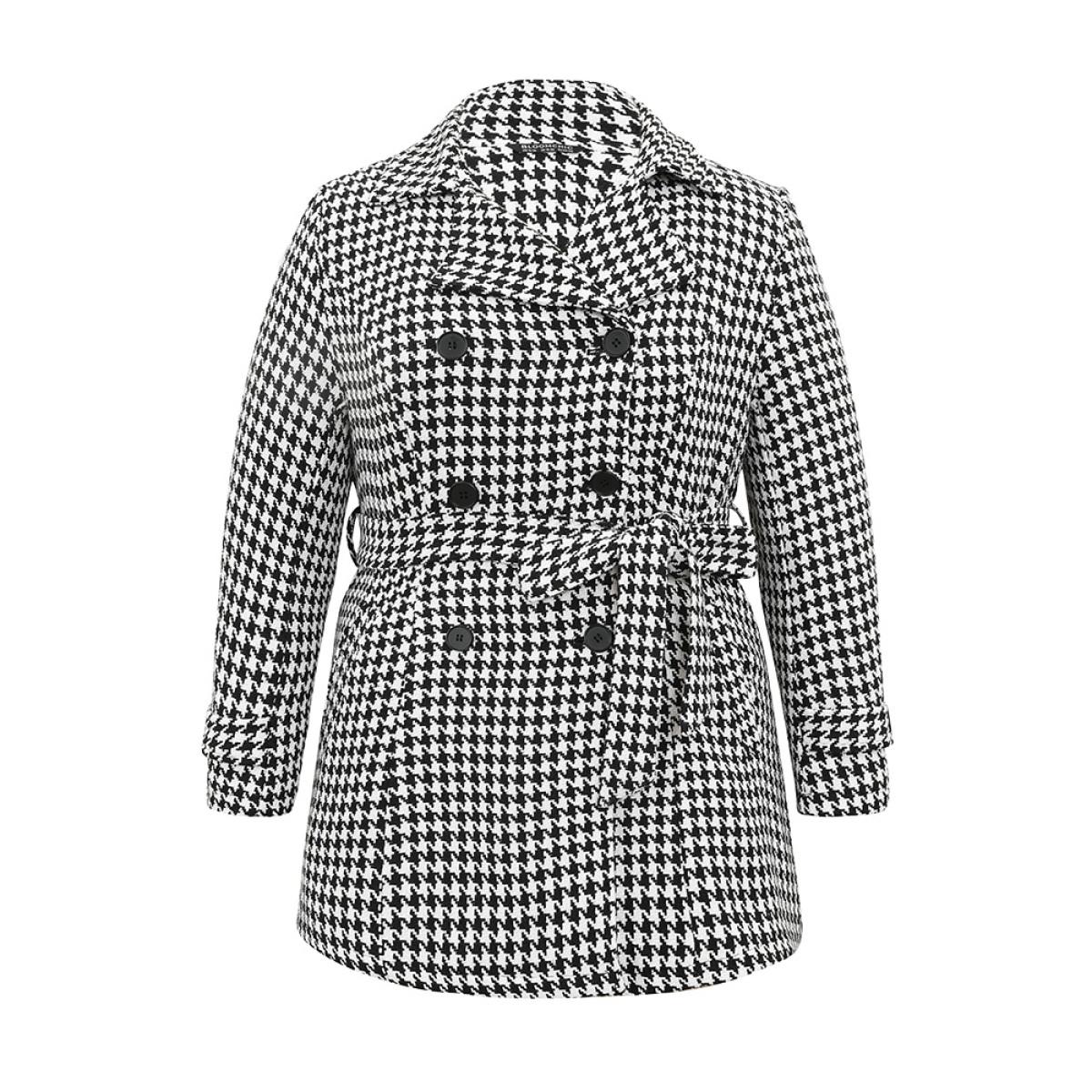 Plus Size Houndstooth Double Breasted Belted Coat Women Black Casual Lined Ladies Dailywear Winter Coats BloomChic 12/L Product Image