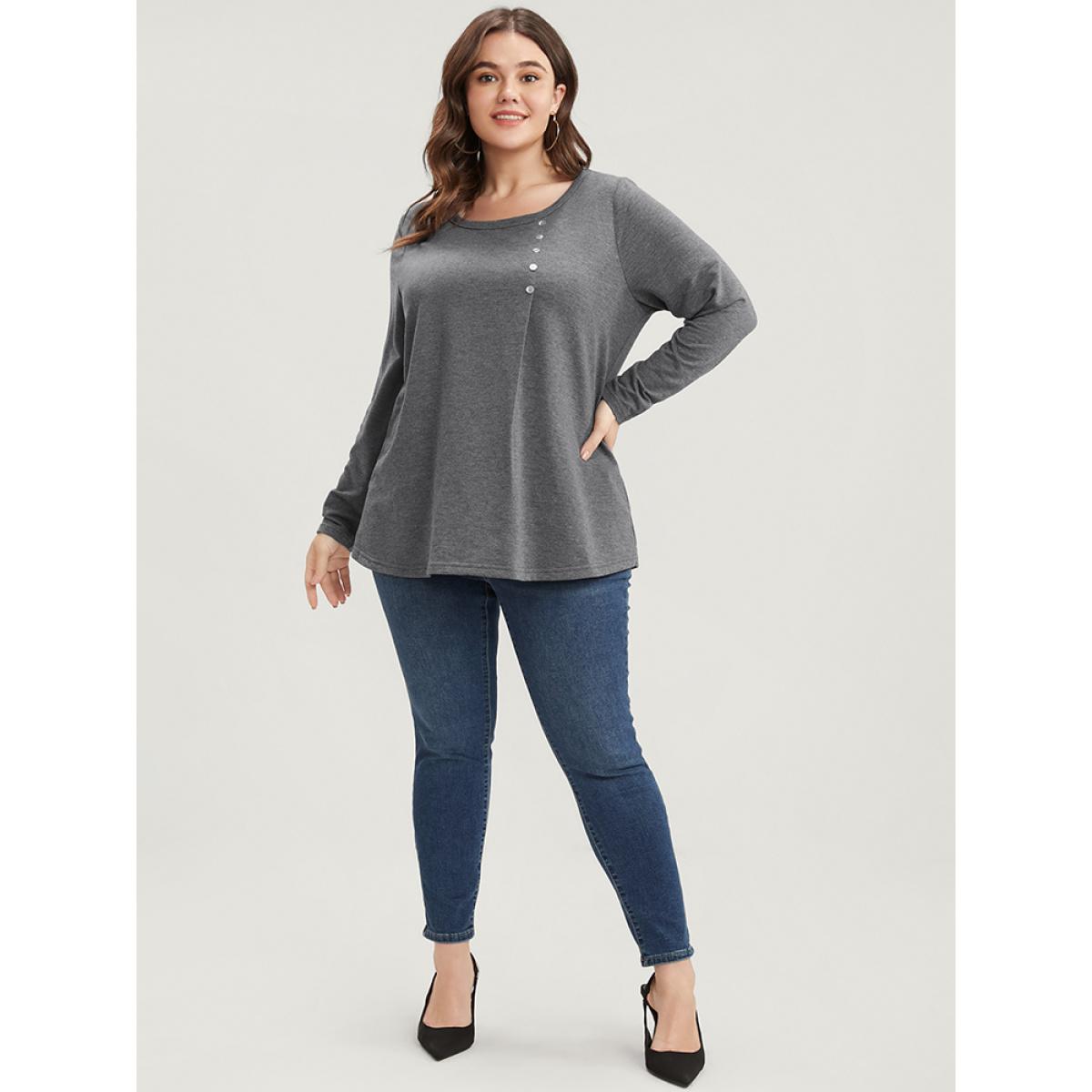 Plus Size Solid Crew Neck Button Detail Long Tee Gray Women Casual Button Plain Round Neck Dailywear T-shirts BloomChic 10/M Product Image