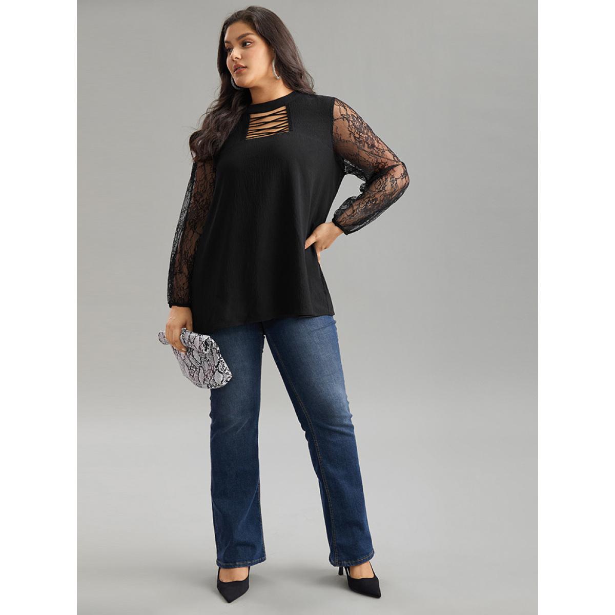 Plus Size Black Halloween Eyelet Lace Cut Out Mesh Blouse Women Elegant Long Sleeve Keyhole Cut-Out Festival-Halloween Blouses BloomChic 28/5X Product Image