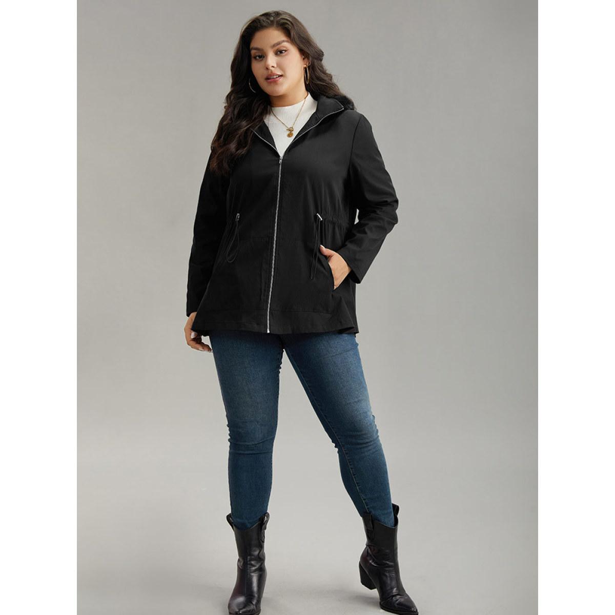 Plus Size Plain Zipper Hooded Pocket Drawstring Coat Women Black Casual Plain Ladies Dailywear Winter Coats BloomChic 28/5X Product Image