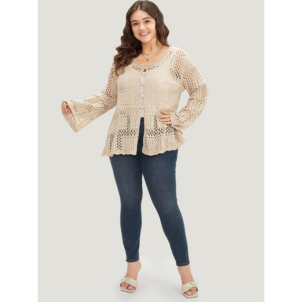 Plus Size Plain Hollow Out Button Through Bell Sleeve Cardigan Beige Women Casual Loose Long Sleeve Everyday Cardigans BloomChic 12/L Product Image