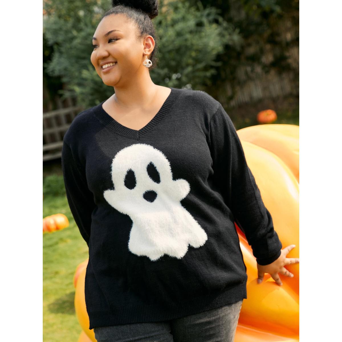 Plus Size Mink Touch Ghost Printed Pullover Black Women Playful Long Sleeve V-neck Casual Pullovers BloomChic 18-20/2X Product Image