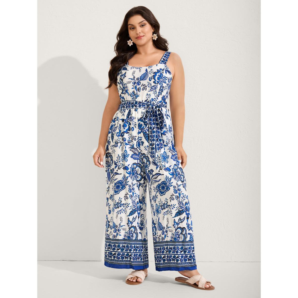 Plus Size Mediumblue Rayon Floral Print Lined Pockets Jumpsuit Women Sleeveless Square Neck Vacation Loose Jumpsuits BloomChic 26/4X Product Image