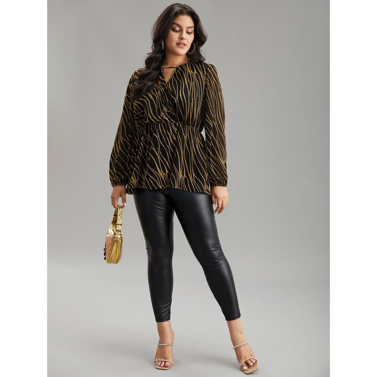 Plus Size Gold Glitter Striped Mesh Keyhole Lantern Sleeve Blouse Women Cocktail Long Sleeve Keyhole Cut-Out Party Blouses BloomChic 12/L Product Image