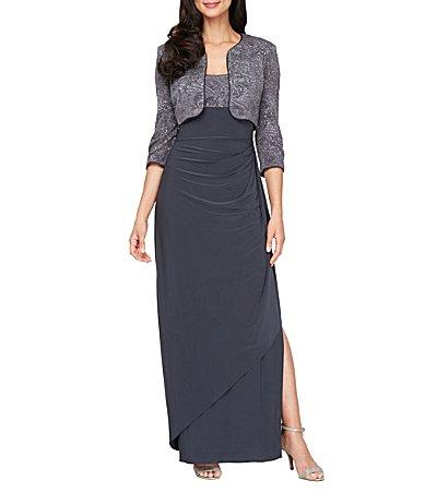 Alex Evenings Ruched 3/4 Sleeve Scoop Neck 2-Piece Glitter Jacket Dress Product Image