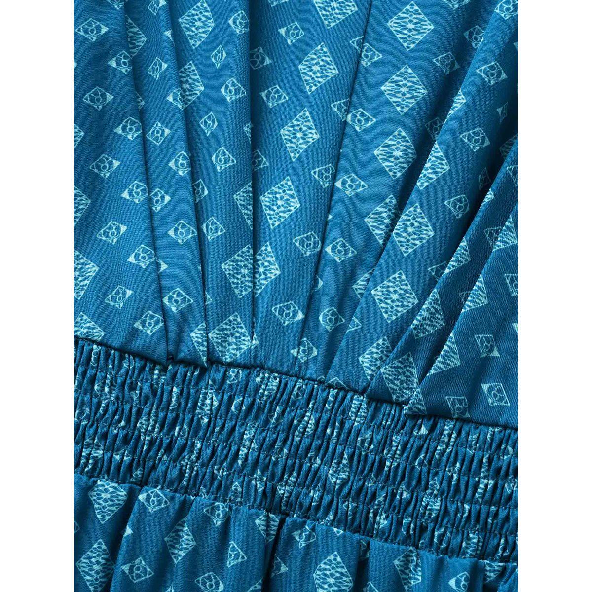 Plus Size Boho Print Shirred Pleated Dolman Sleeve Dress Aegean Women Resort Pleated V-neck Half Sleeve Curvy BloomChic 14-16/1X Product Image