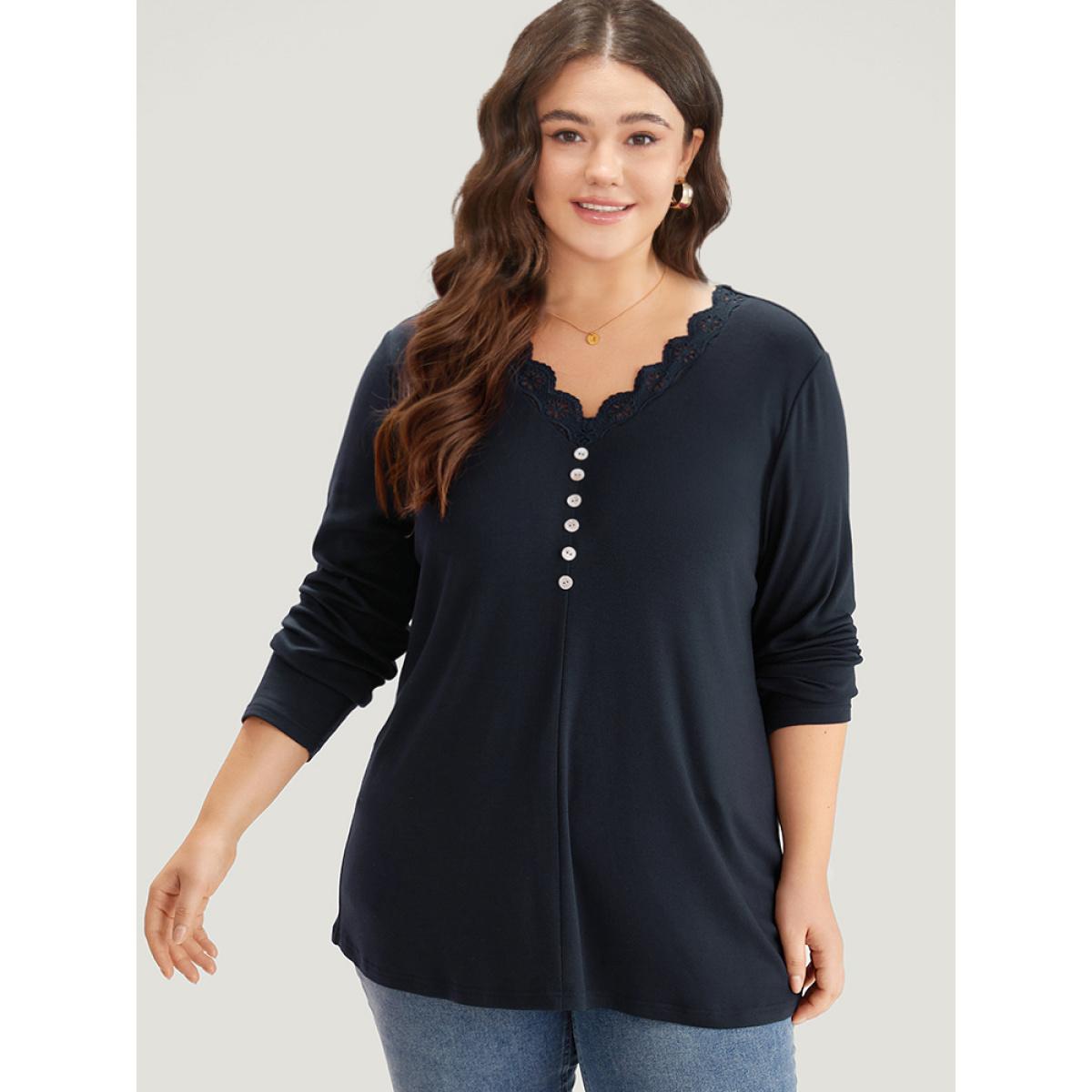 Plus Size Guipure Lace Patchwork V Neck Button Detail T-shirt Indigo Women Elegant Printed Plain V-neck Dailywear T-shirts BloomChic 18-20/2X Product Image