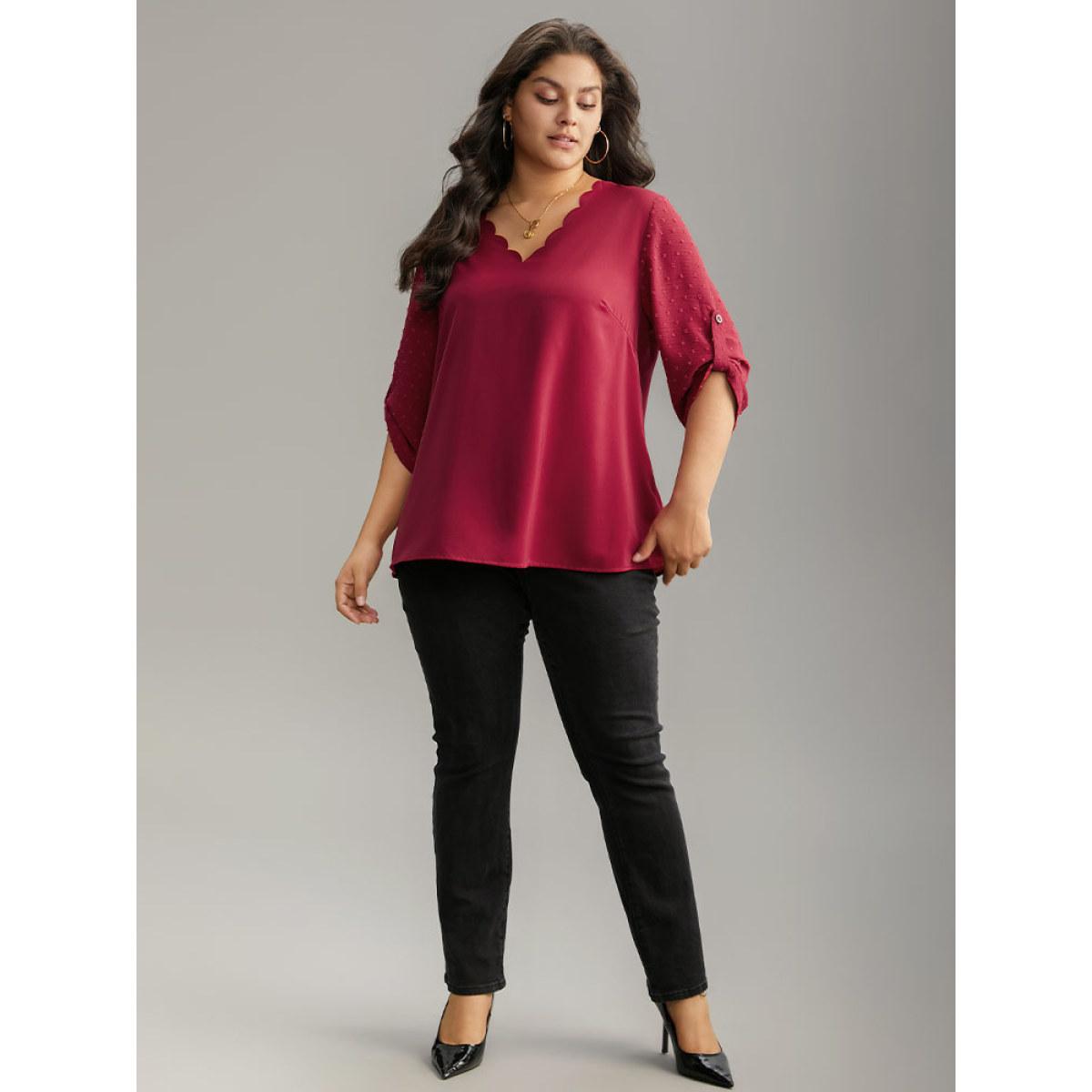 Plus Size Scarlet Plain V Neck Tab Sleeve Scalloped Trim Blouse Women Office Elbow-length sleeve V-neck Office Blouses BloomChic 12/L Product Image