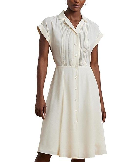 Lauren Ralph Lauren Crepe Camp Collar Neck Short Sleeve Belted Shirt Knee Length Dress Product Image