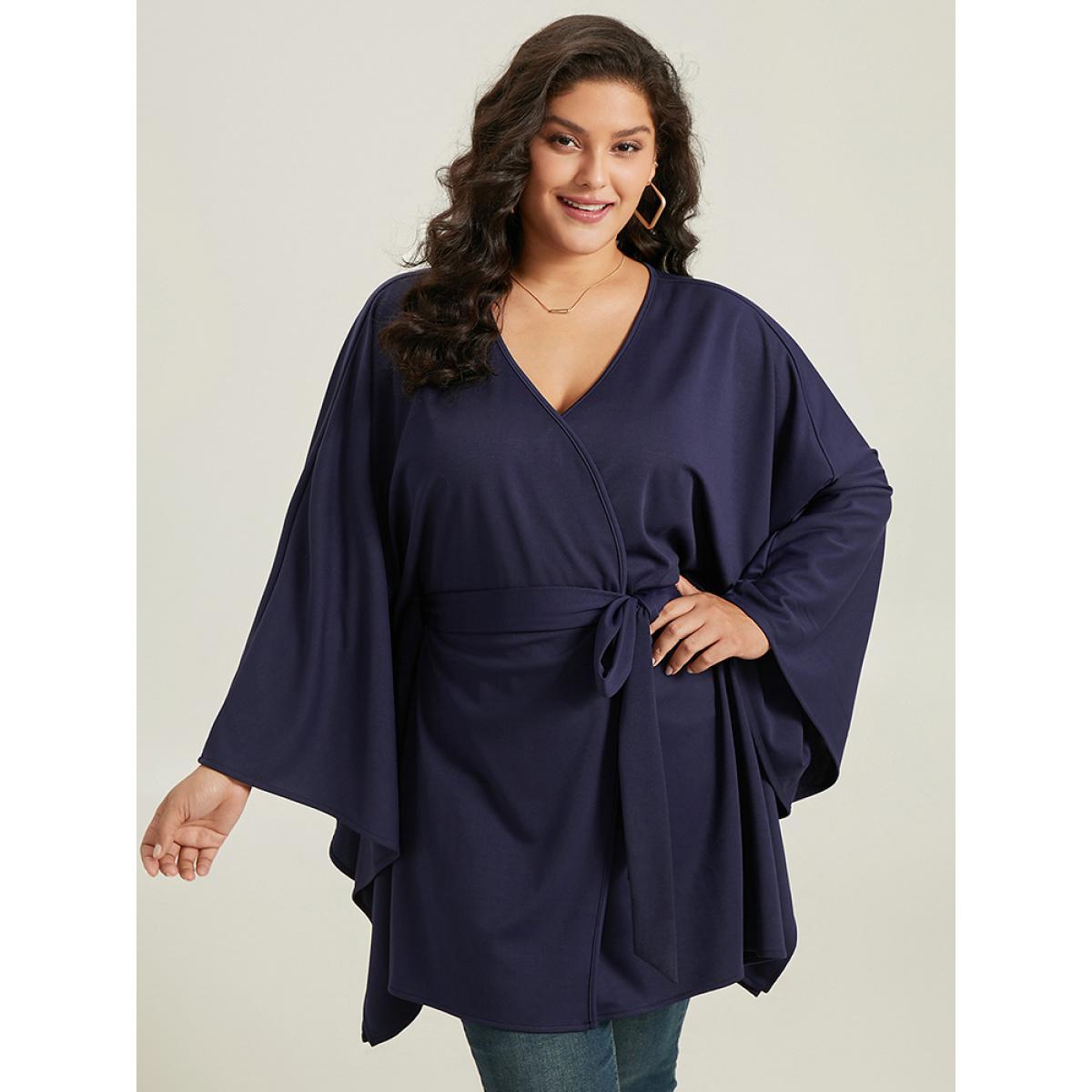 Plus Size Plain Drape Surplice Neck Belted Kimono Women Indigo Casual Drape Loose Belt Everyday Kimonos BloomChic 12/L Product Image