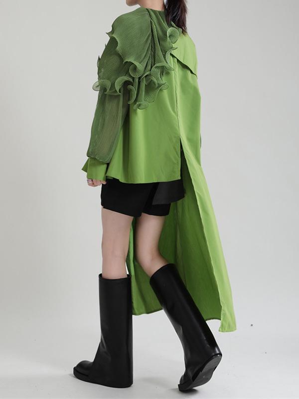 Long Sleeves Loose Asymmetric Pleated Solid Color Split-Joint Falbala Lapel Blouses&Shirts Tops Product Image