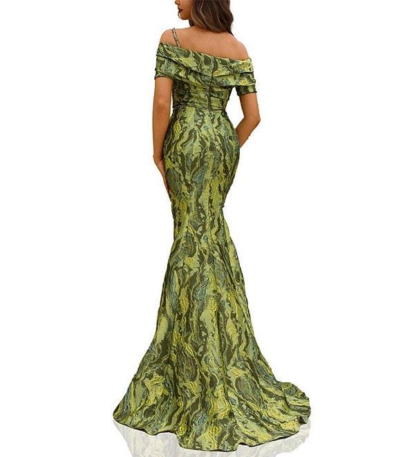 Terani Couture Off Shoulder 1 Strap Jacquard Mermaid Gown Product Image