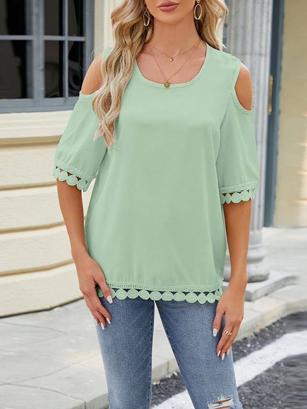Loose Short Sleeves Solid Color Split-Joint Tasseled Cold Shoulder T-Shirts Tops Product Image