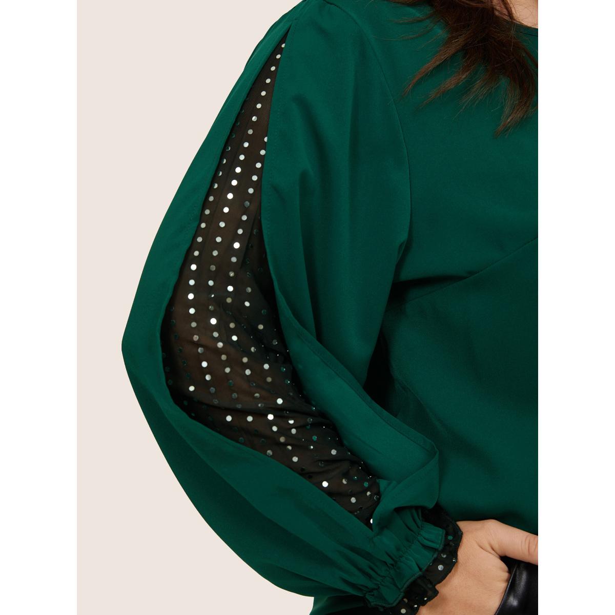 Plus Size DarkGreen Sequin Mesh Patchwork Lantern Sleeve Blouse Women Glamour Long Sleeve Round Neck Going out Blouses BloomChic 14-16/1X Product Image