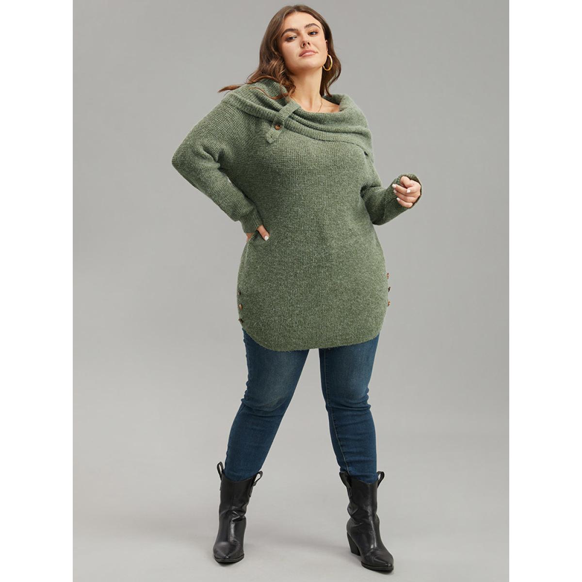 Plus Size Anti-Pilling Lapel Collar Adjustable Button Pullover Moss Women Casual Loose Long Sleeve Lapel Collar Dailywear Pullovers BloomChic 30/6X Product Image