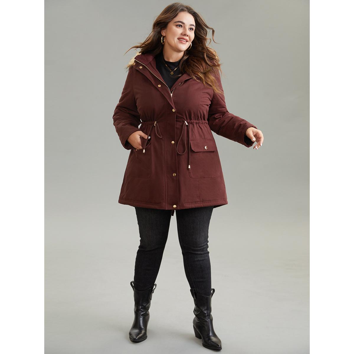 Plus Size Contrast Hooded Fuzzy Trim Drawstring Padded Coat Women Maroon Casual Lined Ladies Dailywear Winter Coats BloomChic 14-16/1X Product Image
