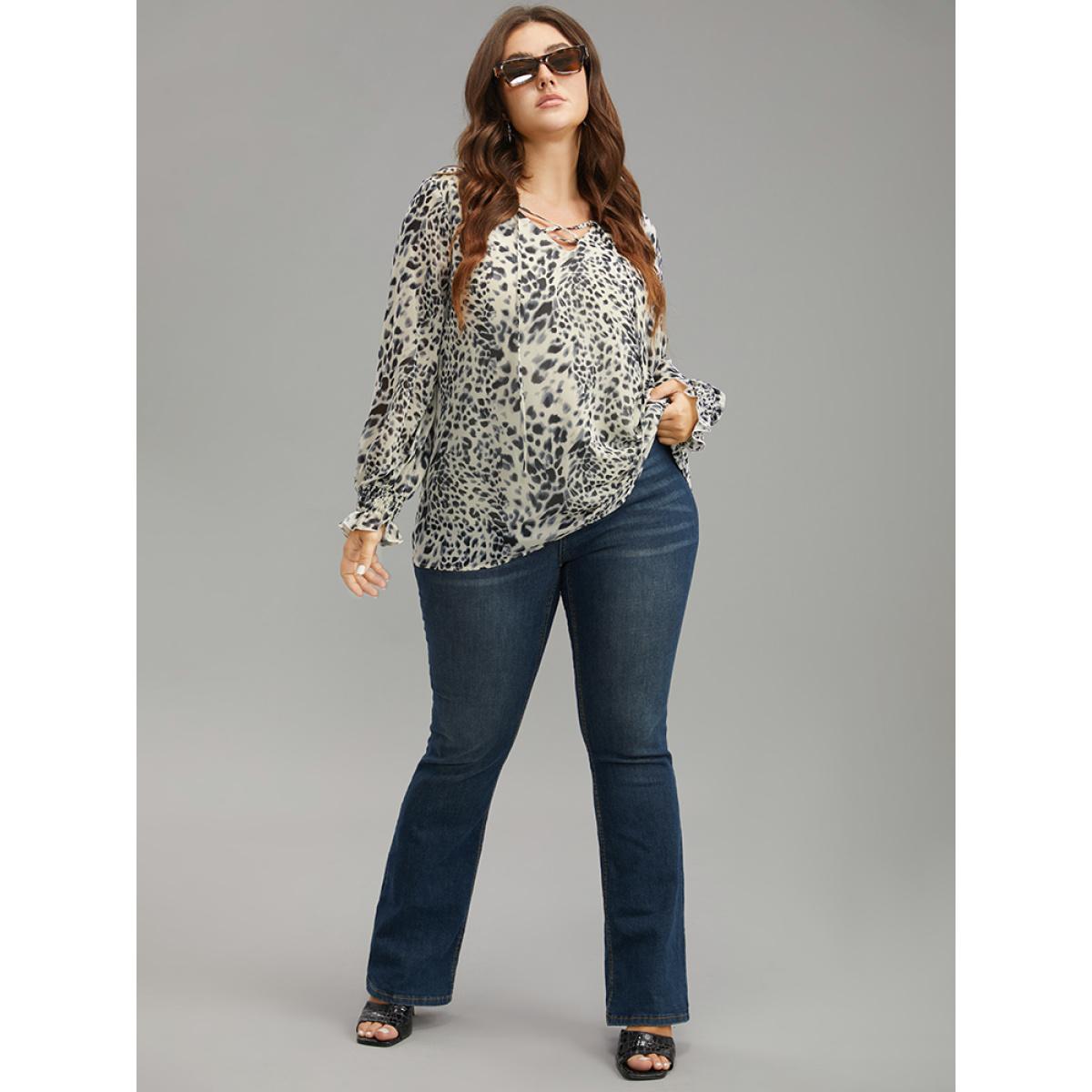 Plus Size Apricot Leopard Print Lace Up Shirred Blouse Women Elegant Long Sleeve V-neck Dailywear Blouses BloomChic 30/6X Product Image