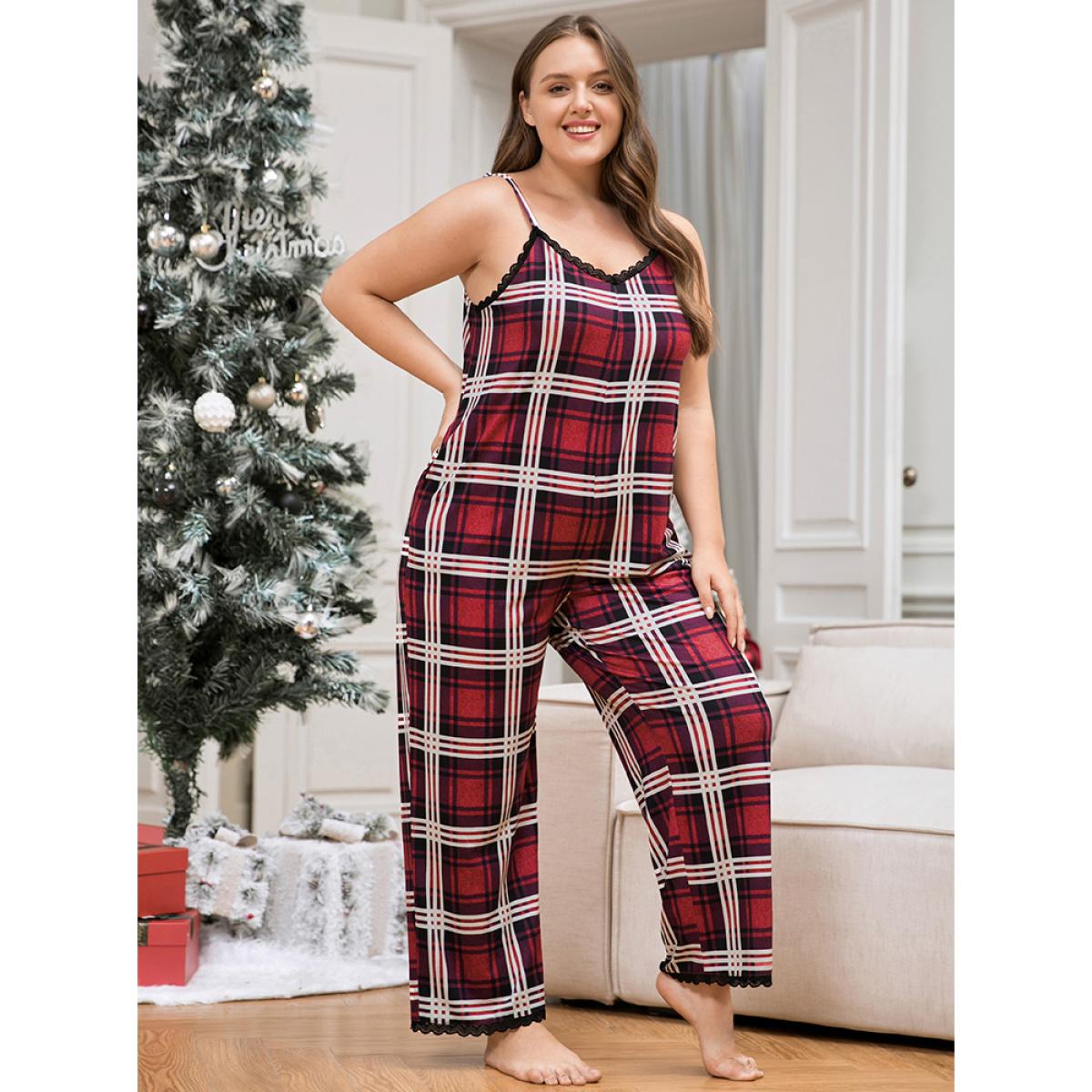 Plus Size Plaid Pocket Lace Trim Cami Jumpsuit Women Multicolor Casual Plaid Lace V-neck Pocket Loungewear BloomChic 30/6X Product Image