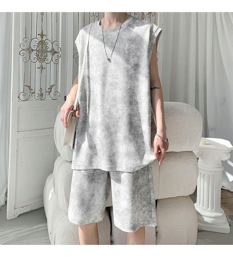 Set: Crew Neck Tie-Dye Tank Top + Drawstring Waist Sweat Shorts Product Image