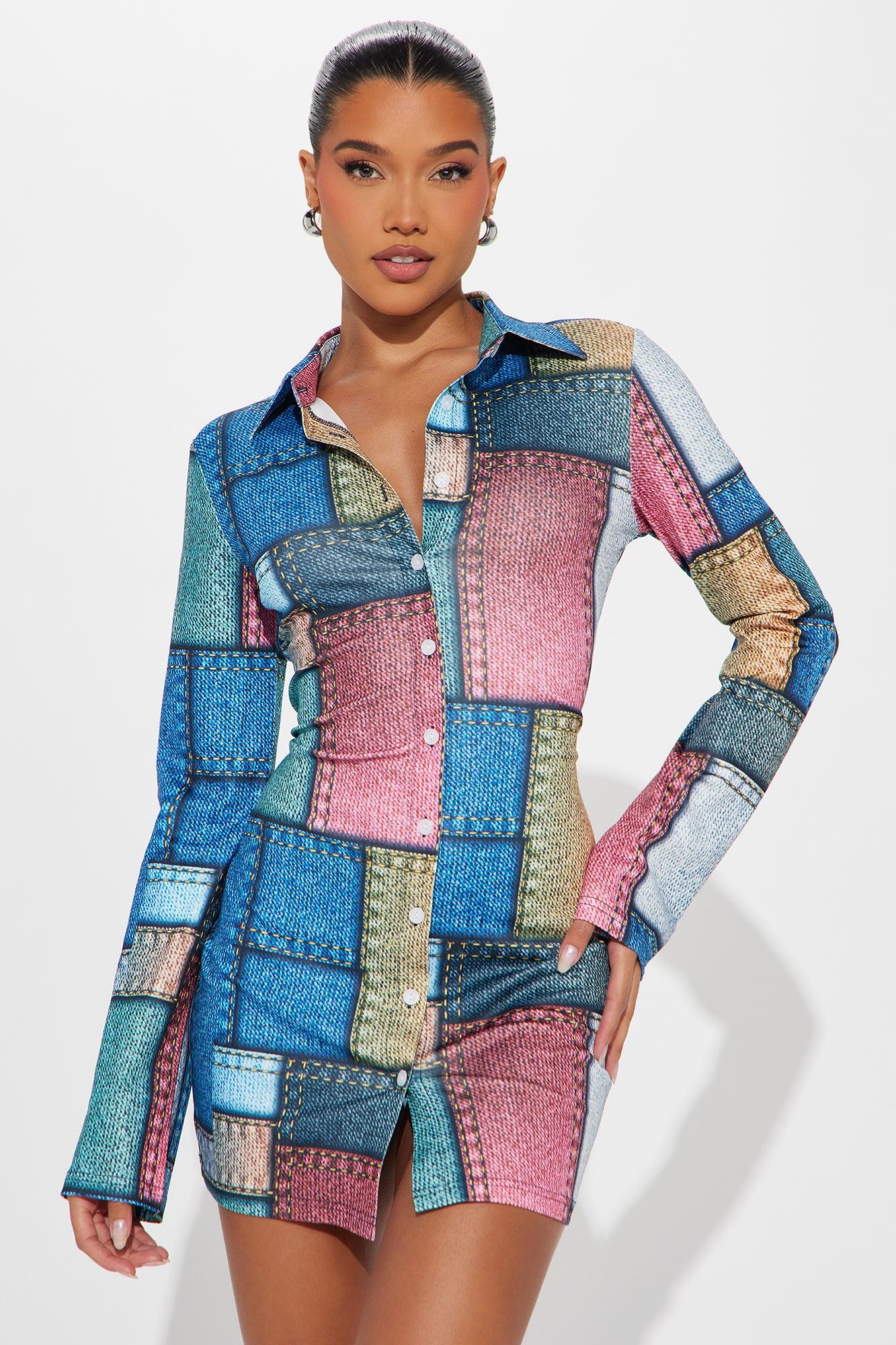 All Patched Up Mini Shirt Dress - Blue/combo Product Image