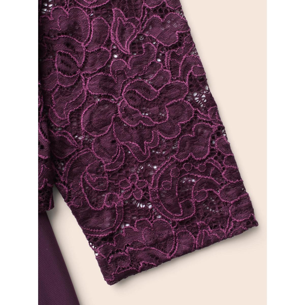 Plus Size Round Neck Crochet Lace Mesh Dress Deeppurplered Women Cocktail Woven ribbon&lace trim Round Neck Elbow-length sleeve Curvy BloomChic 26/4X Product Image