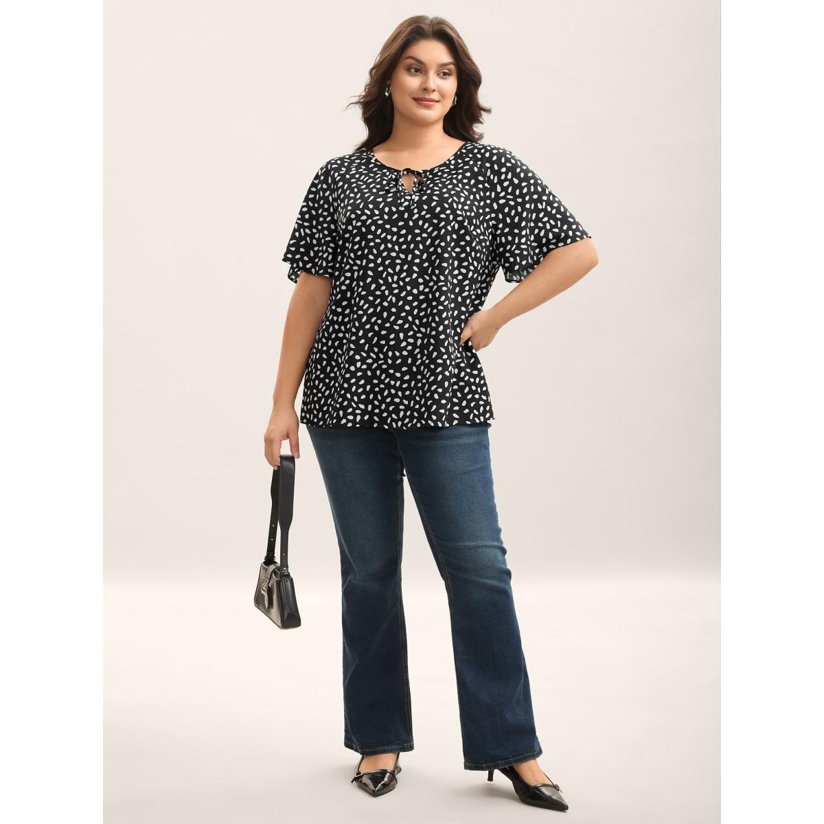 Plus Size Black Petal Print Neck Tie Flowy Blouse Women Half Sleeve Round Neck Work Blouses BloomChic 30/6X Product Image