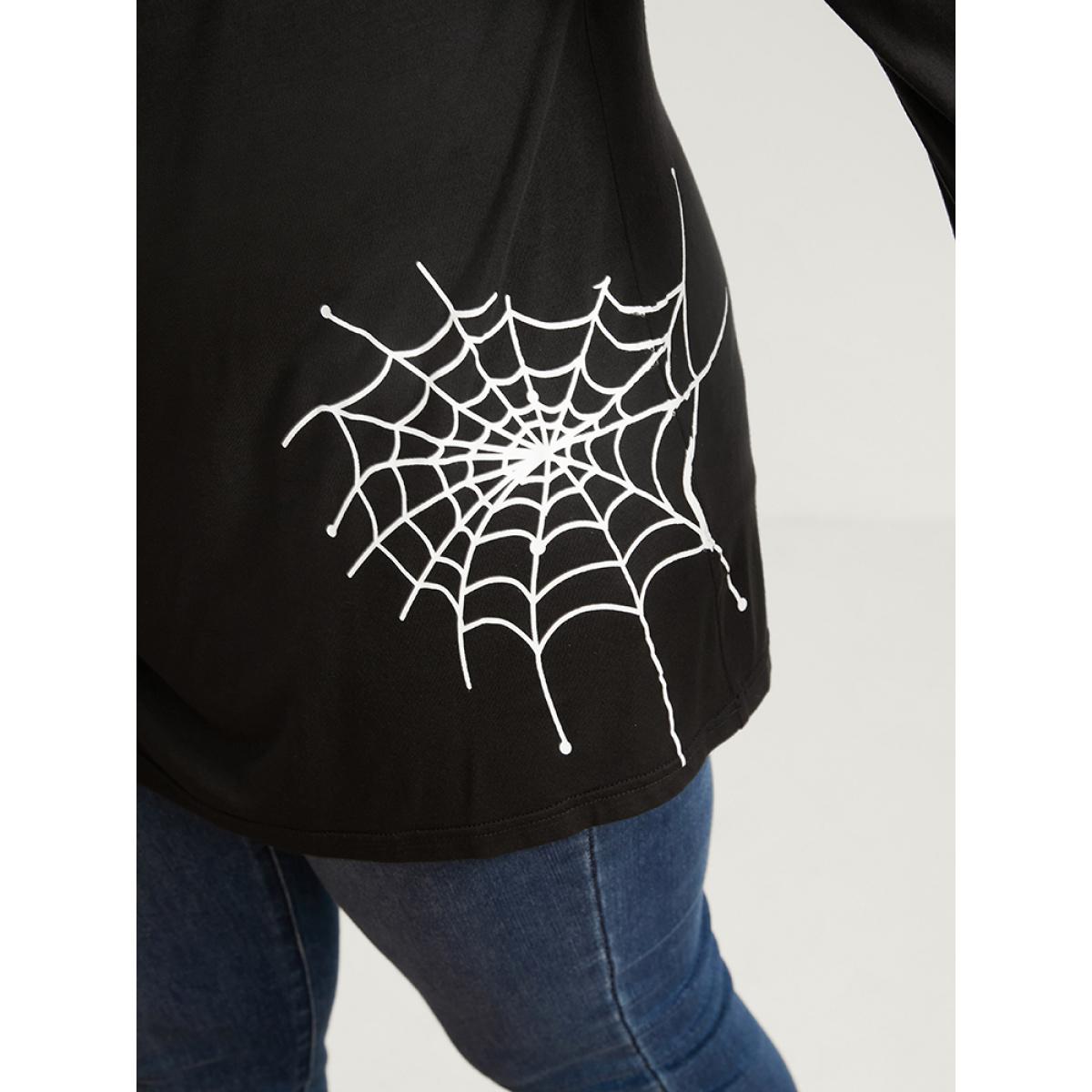 Plus Size Halloween Spider Web Print Long Tee Black Women Elegant Plain Graphic-Halloween V-neck Dailywear T-shirts BloomChic 30/6X Product Image