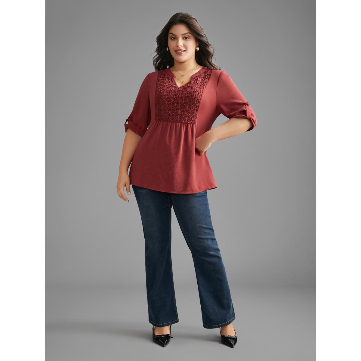 Plus Size Russet Notched Lace Panel Tab Sleeve Blouse Women Elegant Elbow-length sleeve Flat collar with V-notch Everyday Blouses BloomChic 28/5X Product Image