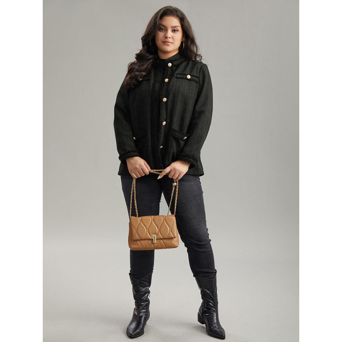 Plus Size Fuzzy Trim Pocket Metal Button Fly Jacket Women Black Casual Plain Ladies Everyday Winter Coats BloomChic 26/4X Product Image